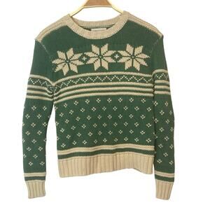 Urban Outfitters Knit Fair Isle Green White Winter Snowflakes Christmas Sweater
